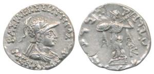 Indo-Greeks, Menander I, Silver Drachm, 2.39g, helmeted bust of the king to right with Gre