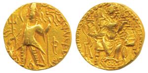 Kushanas, Vashishka, Gold Dinar, 7.86g, king standing left, holding a trident in right han