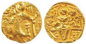 Kidara Kushanas, Shaka (c. 320-350 AD), Gold Dinar, 7.80g, king standing right with triden