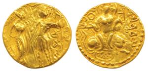 Guptas, Samudragupta, Gold Dinar, King and Queen type, issued in memory of his parents, Em