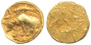 Chalukyas of Kalyana, Gold Fanam, 0.42g, a boar standing to left, caparisoned, with a cres