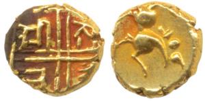 Harathi Chiefs, Saraja Raja Rangappa, Gold Fanam, 0.36g, Sarabhi Fanam, obv. lion to right