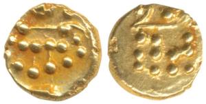 Hoysala, Gold Fanam, obv. Lakshmi, rev. lion. Extremely Fine.