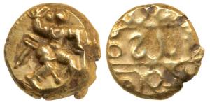 Vijayanagar, Bukka Raya I (1344-1377 AD), Gold Pagoda, 3.4g, warrior walking to right with