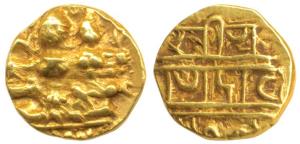 Vijayanagar, Devaraya I, Gold ½ Pagoda, 1.68g, Shiva-Parvati seated on obv. Nagari legend 