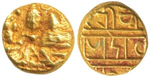 Vijayanagar, Devaraya I, Gold ½ Pagoda, 1.68g, Shiva-Parvati seated on obv. Nagari legend 