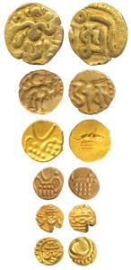 Gold Fanam (6), Vira Raya, obv. lion, rev. crocodile; Ceylon Chola (2), king standing hold