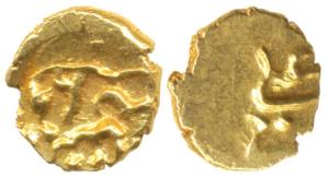 Qutub Shah, Gold Fanam, Qutub Shahi on obv., Ali on rev. Very clear, Extremely Fine, Unpub