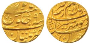 Aurangzeb, Gold Mohur, 10.88g, Multan Mint, AH 1077/9, complete mint name at bottom on rev