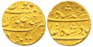 Muhammad Shah, Gold Mohur, 10.93g, Khujista Bunyad Mint, AH 1134/4, near complete mint nam