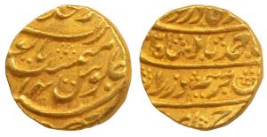 Ahmed Shah Abdali, Gold Mohur, Shahjahanabad Mint, RY 14, mint name at top on rev. Very Fi