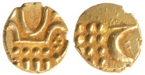 Haider Ali (AH 1174-1197, 1761-1782 AD), Gold Fanam, 0.39g, degenerate kali, rev. Persian 