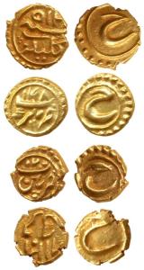 Tipu Sultan, Gold Fanam (4), Patan, Kalikat, Farukhi and Nagar Mint, ME 1200, 1215, 1218 a
