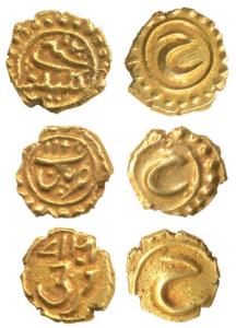 Tipu Sultan, Gold Fanam (3), Patan, Kalikat and Farukhi Mint, ME 1199, 1200 and 1217, Pers