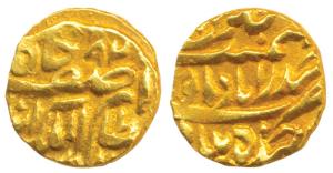 Afzal ud-Daula, Gold 1/8 Ashrafi, 1.36g, Farkhanda Bunyad Hyderabad Mint, frozen RY 92 (KM