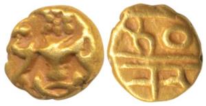 Krishna Raja Wodeyar (1810-1868 AD), Gold Fanam, obv. seated Narasimha, rev. Kanarese lege
