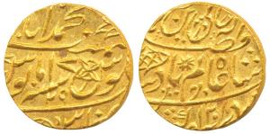Muhammadabad Banaras Mint, Gold Mohur, in the name of Shah Alam II, fish, sun-burst and fl