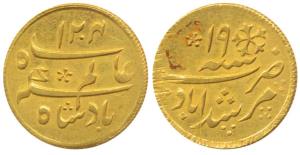 Murshidabad Mint, Gold Heavy ¼ Mohur, 3.34g, in the name of Shah Alam II, struck at the Ca