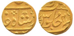 Gold Mohur, 11.51g, struck at the Bombay Mint, (circa 1803-1824), in the name of Shah Alam