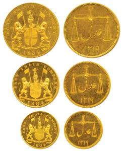 Gold Gilt Copper Proof 2 Pice, Pice and 1/2-Pice, 1804, coat of arms of the EIC and date b
