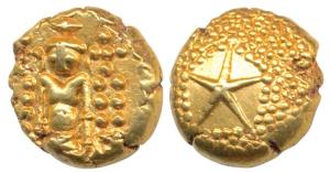 Star Gold Pagoda, 3.4g, single Swami (Balaji-Tirupati) standing facing front on obv., star