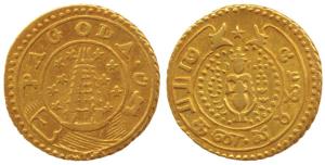 Gold Pagoda, 2.94g, standing Vishnu on obv., Gopuram on rev., no date, 1808-1815 issue, (K