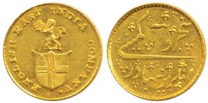 Gold Rupees 5 or 1/3 Mohur, 3.86g, company arms with a lion holding the crown on obv., No 