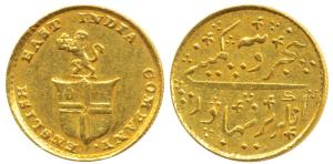Gold Rupees 5 or 1/3 Mohur, 3.86g, company arms with a lion holding the crown on obv., No 