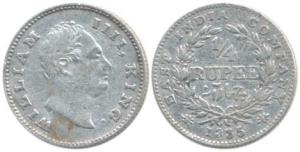 William IV, Silver ¼ Rupee, 1835, F incuse, 19 Berries, without dot after date. About Very