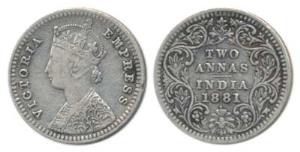 Victoria Empress, Silver 2 Annas, 1881, Bombay Mint, B / II / dot. Very Fine, Scarce.