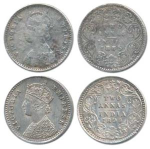 Victoria Empress, Silver 2 Annas (2), 1890, B / II / B incuse; 1885, A / I / B raised. Fin