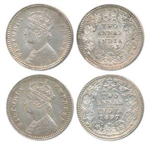 Victoria Empress, Silver 2 Annas (2), 1893; 1897, both Calcutta Mint. About Uncirculated. 