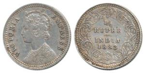 Victoria Empress, Silver ¼ Rupee, 1882, Calcutta Mint, C / II / ’C’ incuse. Very Fine+, Sc