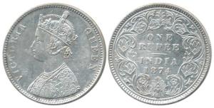 Victoria Queen, Silver Rupee, 1874, Calcutta Mint, A1 / I, No mint mark. Very Fine, Scarce