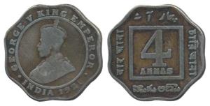George V, Cupro-Nickel 4 Annas, Calcutta Mint, 1921. Fine+.