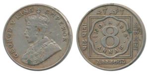 George V, Cupro-Nickel 8 Annas, 1919, Calcutta Mint. Very Fine.