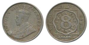 George V, Cupro-Nickel 8 Annas, 1919, Calcutta Mint. Very Fine.
