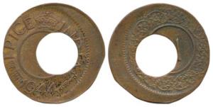 Copper Pice, 1944, Error, 25% off-center, causing the word India to be nearly punched out,