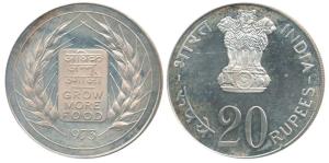 Silver Rupees 20, 1973, Grow More Food, Bombay Mint (KM 240). Proof, in near Mint State.