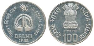 Silver Rupees 100, 1982, Asian Games. Uncirculated.