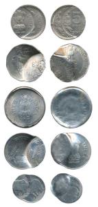 Error coins (5), Cupro-Nickel Rupees 5; Cupro-Nickel Rupees 2; Steel Rupee; Steel 25 Paise