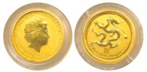 Australia Gold 5 Dollars, 1/20 ounce, 1.55g, .99 purity, 2012, Year of the dragon, a beaut