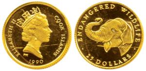 Cook Islands, Gold $25, 1.26g, Endangered Wildlife series, an Elephant on rev., 1990, (KM 