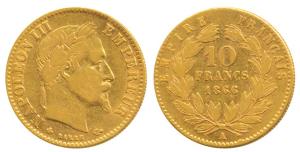 France, Napoleon III, Gold 10 Francs, 3.15g, 1866 A, (KM 800.1). Very Fine.