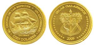 Galapagos Islands, Gold 100 Dolares, 8.28g, 2009, mintage of 25 pieces only, 150th Anniver