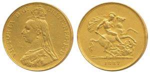 Great Britain, Victoria, Gold 5 Pounds, 39.55g, Jubilee head, St. George slaying a dragon 