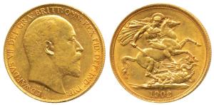 Great Britain, Edward VII, Gold 2 Pounds, 16.02g, St. George slaying a dragon on rev., 190