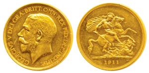 Great Britain, George V, Gold 5 Pounds, 39.78g, St. George slaying a dragon on rev., 1911.
