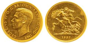 Great Britain, George VI, Gold 5 Pounds, 39.78g, St. George slaying a dragon on rev., 1937