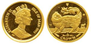 Isle of Man, Gold 1/25th Crown, 1.26g, 1993, Maine Coon Cat (KM-349). Proof like, Brillian